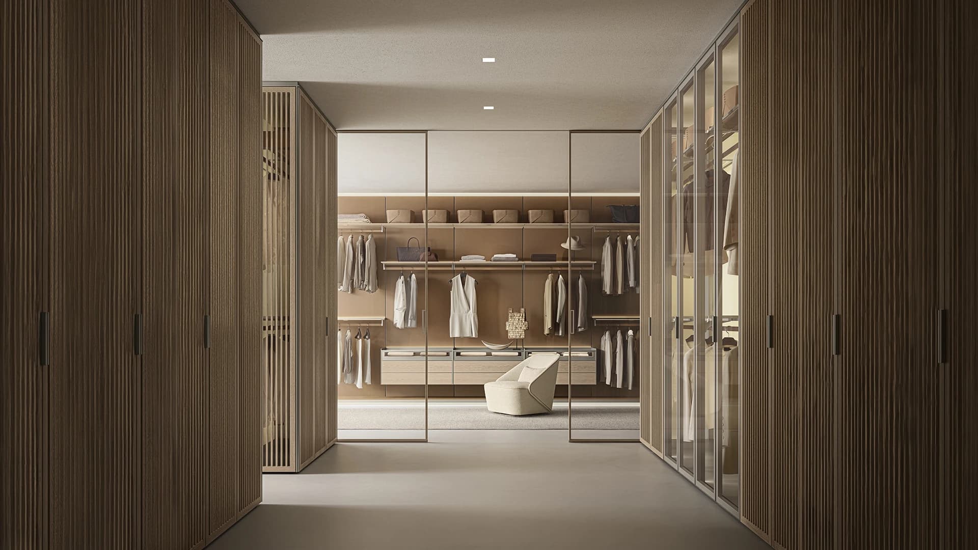 Atelier — Full dressing room with fluted and glazed fronts